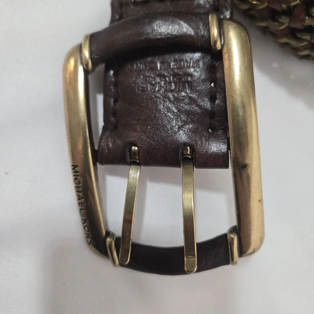 Vintage Michael Kors Heavy Brass Chain Woven Leather Belt 44